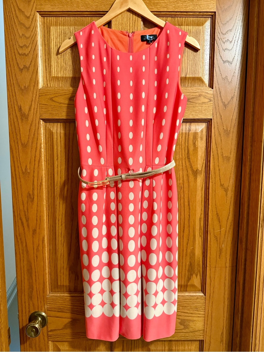 Tahari Sleeveless Coral Dot Fit-and-Flare Dress with Original Belt